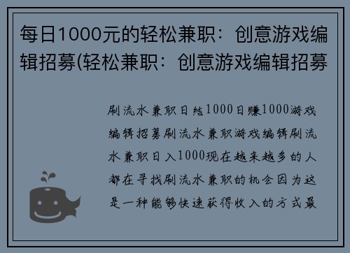 每日1000元的轻松兼职：创意游戏编辑招募(轻松兼职：创意游戏编辑招募，每天赚取1000元！)